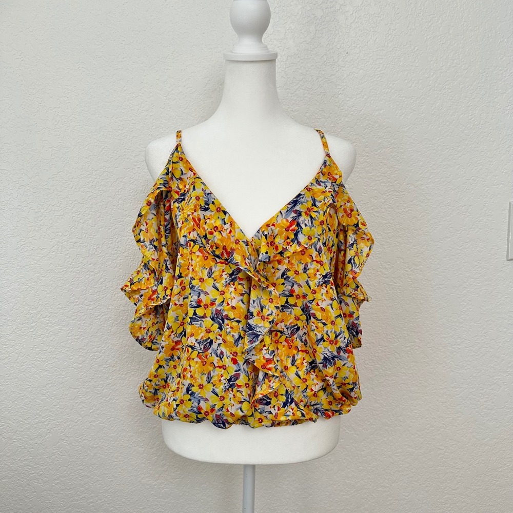 Moa Moa Cold Shoulder Top Women Large Yellow Floral Ruffle Blouse